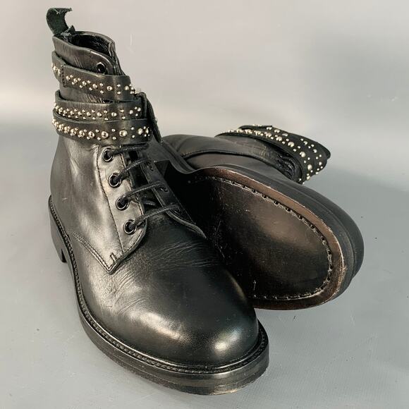 MAJE Size 7 Black Studded Leather Wrap Around Lace-Up Ankle Boots - Picture 5 of 10